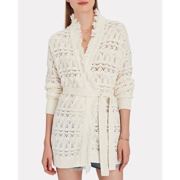 INTERMIX Brady Pointelle Silk Cotton Wrap Cardigan Size Large Ivory White Fringe - Picture 1 of 16
